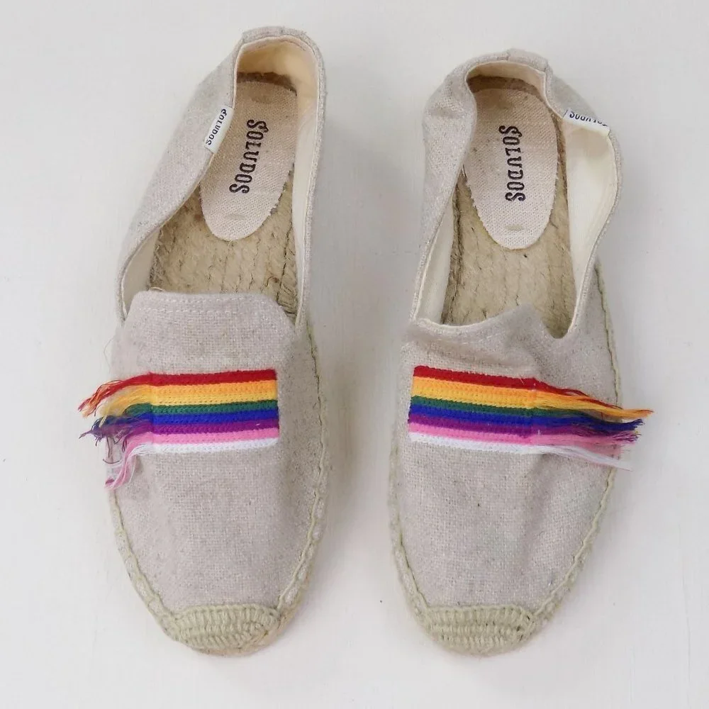 new! soludos espadrilles slip ons smoking flat loafer rainbow striped fringe